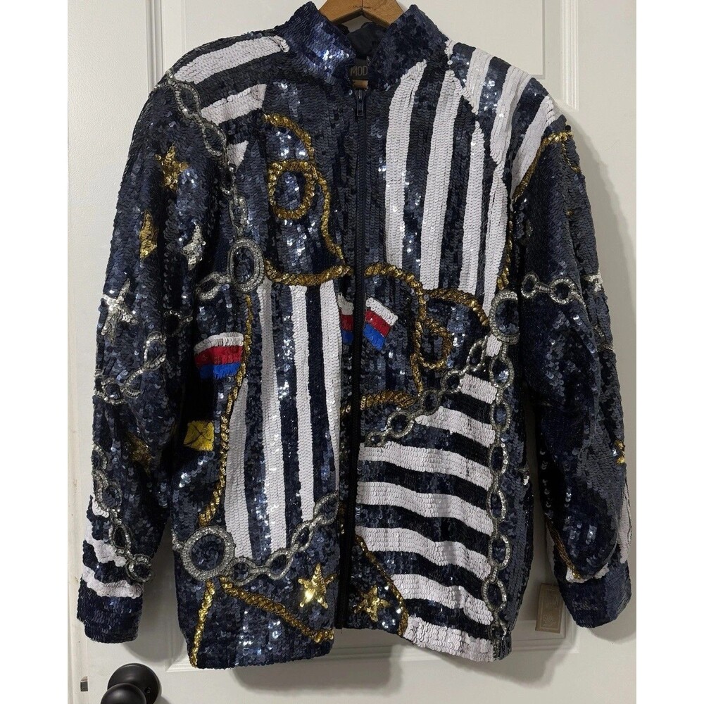 Vintage 80s Modi Silk Sequin Nautical Jacket Large Yacht Club Sailor NWT Flaws